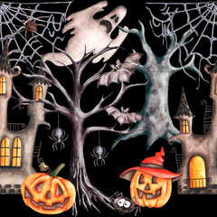 Gothic watercolor seamless pattern. Halloween. Fear, horror. Halloween party. Ghosts, spiders, bats, pumpkins, cobwebs, castle. Black background. For printing on wrapping paper, stickers, invitations