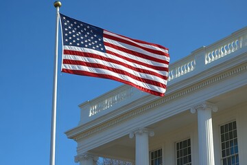 Fototapeta premium US flag flying against the backdrop of the White House in a minimalist style