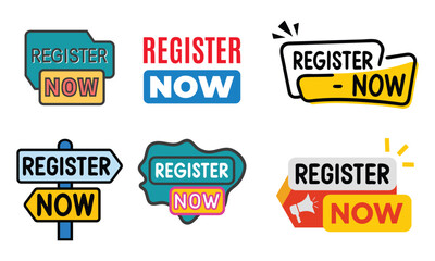 Collection of six distinct graphic design elements featuring the words register now in various modern styles and vibrant color palettes for promotional use