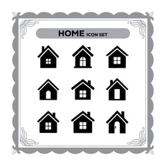 Fototapeta premium Black and White Home Icon Set with Ornate Border Design Featuring Simple Home Illustrations