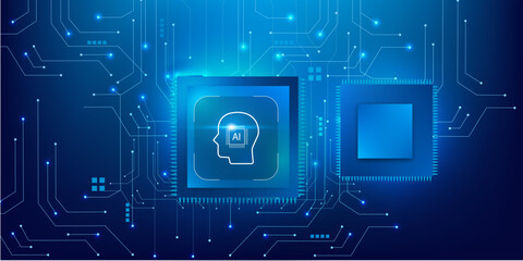 Artificial Intelligence Microchip with Abstract Circuit Board on Futuristic Blue Technology Background, Glowing Semiconductor Processor with AI Icon in Digital Vector Illustration