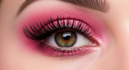 Dramatic Pink Smoky Eye Makeup on a Captivating Hazel-Green Iris with Lush Lashes.