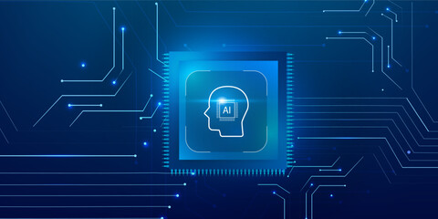 Artificial Intelligence Microchip with Abstract Circuit Board on Futuristic Blue Technology Background, Glowing Semiconductor Processor with AI Icon in Digital Vector Illustration