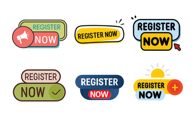 Collection of six vibrant and modern registration call to action buttons and badges with diverse styles and color schemes for online forms and websites
