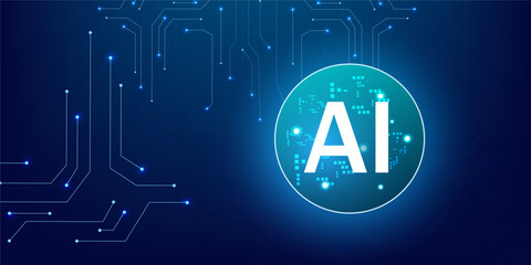 Artificial Intelligence Processor with Glowing Blue Neon Circle with blue circuit background