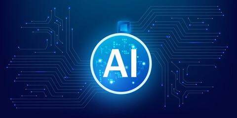Innovation Concept of AI Processor with Lightning Neon Circle Portal and Abstract HUD blue Circuit background