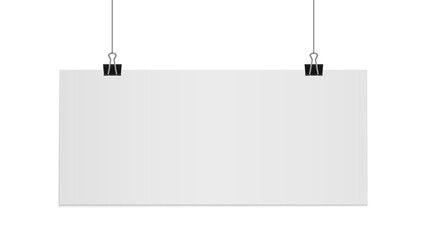 Blank Horizontal Poster Mockup – Empty Paper Frame, Cardboard and White Banner Hanging with Clips Isolated on White Background. Vector.