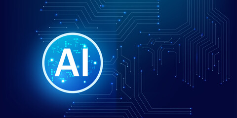 Innovation Concept of AI Processor with Lightning Neon Circle Portal and Abstract HUD blue Circuit background