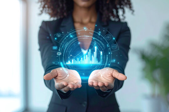 Professional woman working with holographic AI tools in futuristic office. - Powered by Adobe