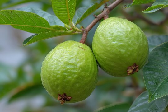  a close-up of two green avocados hanging from the branch of a tree, with their round and bumpy skin texture clearly visible, surrounded by leaves that give them an exotic appearance. the background