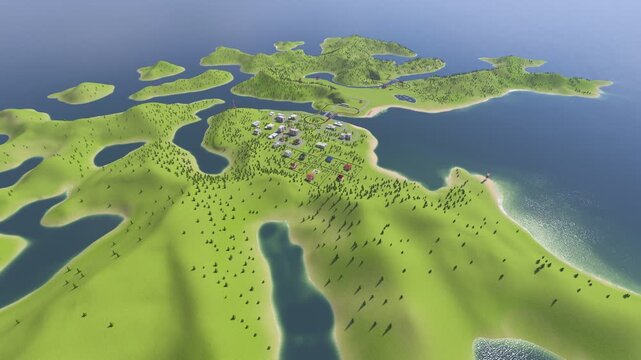 Video game city. 3D Cartoon Landscape, Miniature Toy Town, Vintage Cars, orange Helicopter Flying in the Air, Cartoon light blue airplane, Red Charming Cartoon Train on Tracks.