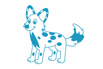 Smiling blue cartoon spotted dog stands happily looking forward on a clean white backdrop