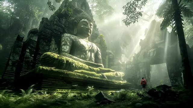 A vivid portrayal of a colossal Buddha statue in a lush, green forest setting. The Buddha is depicted in a meditative pose, with its hands resting on its lap.