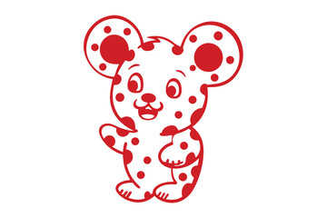 Smiling cartoon bear with red spots stands waving cheerfully on a white background