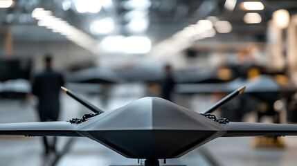 Sleek aerial vehicle on display. Modern design meets advanced technology. A glimpse into the future of unmanned flight.
