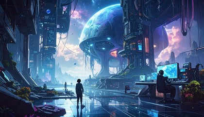 Futuristic city on another planet in space