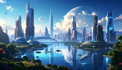 Futuristic city on another planet in space