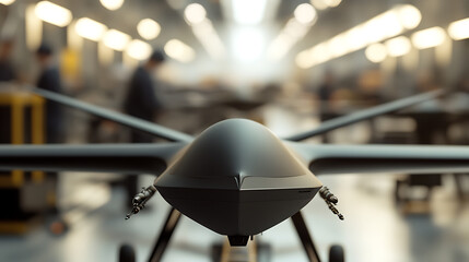 Close-up of an unmanned aerial vehicle (UAV) on display in a bright industrial setting. Sharp focus highlights the drone's front and details.