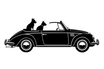 Obraz premium Two dogs in a black convertible car silhouette isolated on a black background in a vector design