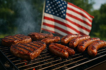 A classic american barbecue with juicy grilled burgers and sausages cooking on a smoking charcoal grill with the american flag waving in the background
