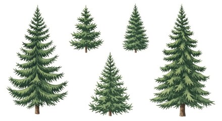 Obraz premium Lush Green Fir and Spruce Tree Collection, Realistic Botanical Illustrations.