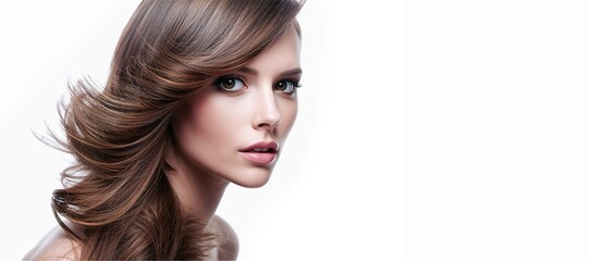 Close up of a face of a beautiful woman with hairstyle and natural make up on the left, blank copy space for your text on the right. Beauty care, skin care and spa salon concept