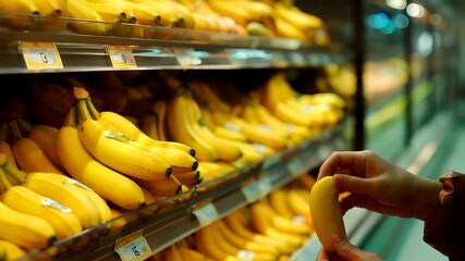 A person in a brown jacket and black gloves reaches out to select a banana from a shelf in a grocery store. The bananas are yellow with green tags.