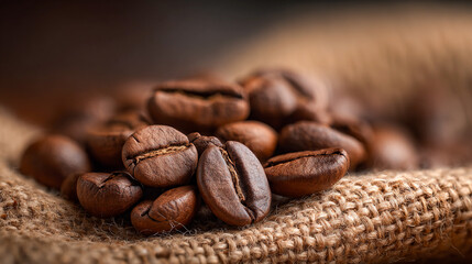 Close-up of roasted coffee beans, macro photography highlighting rich texture, brown color and...