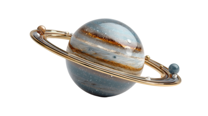 Stunning Stylized Planet with Golden Rings and Orbiting Spheres