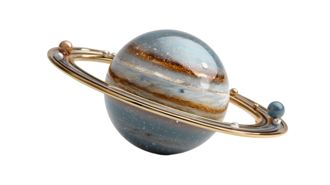 Stunning Stylized Planet with Golden Rings and Orbiting Spheres