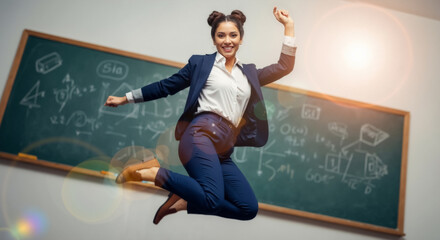 Happy businesswoman or teacher jumping for joy in a classroom. Energetic young woman celebrating success in front of a chalkboard with math formulas.