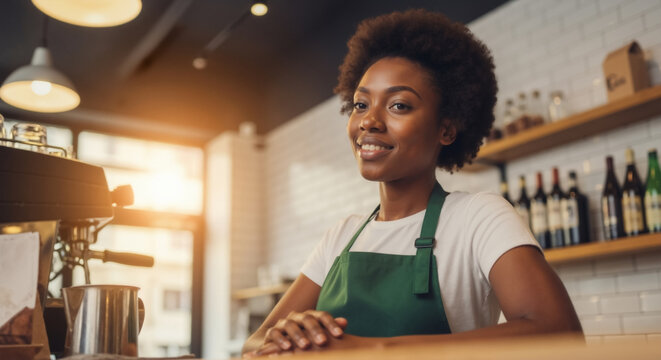 Smiling African American barista standing behind the counter in a coffee shop. Friendly female cafe owner in a green apron.