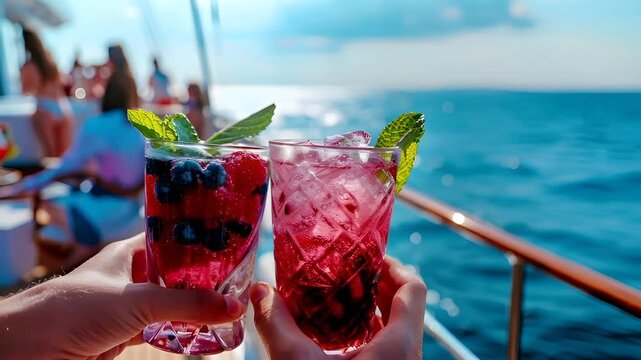 A person holding a glass of red beverage on a boat deck, with the ocean in the background.