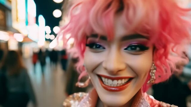 Vibrant video still of a joyful person with pink hair, captured in a close-up angle against a lively, colorful city nightlife backdrop.