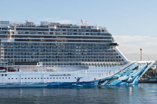 Puerto Vallarta, Jalisco, Mexico - March 20, 2025: "Cruising with the Whales" mural by marine artist Robert Wyland, commissioned by  NCL to promote ocean conservation, adorns the Norwegian Bliss.