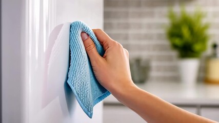 Hand cleaning and polishing a refrigerator door in a modern kitchen