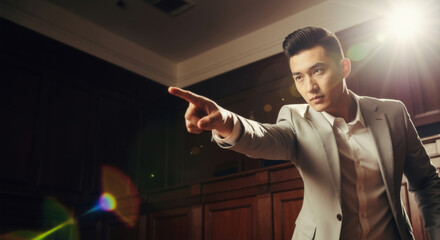 Assertive Asian lawyer pointing his finger in a courtroom. Determined businessman making a point during a formal proceeding. Copy space for text.