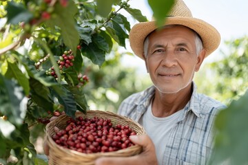 Senior man holding a basket of fresh red coffee berries. Farmer harvesting ripe coffee bean on a plantation. Agriculture and organic farming concept.