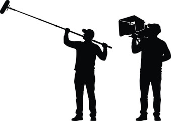 Film crew silhouette, boom mic operator, camera operator, video production, behind-the-scenes, media team, sound recording, filmmaking concept