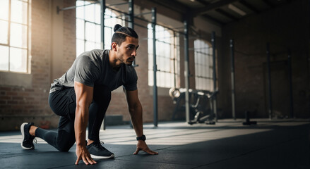 Fit man in a starting pose at the gym. Athletic male preparing for a crossfit workout with determination.