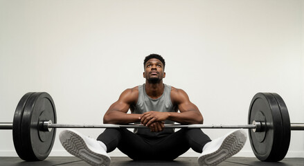 Muscular black man resting after a heavy barbell workout in the gym. Athletic male sitting on the floor looking up with determination. Copy space.
