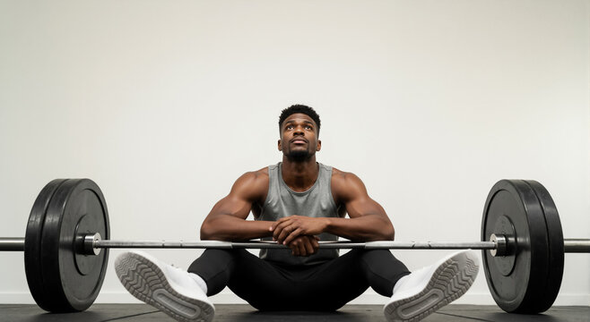 Muscular black man resting after a heavy barbell workout in the gym. Athletic male sitting on the floor looking up with determination. Copy space.