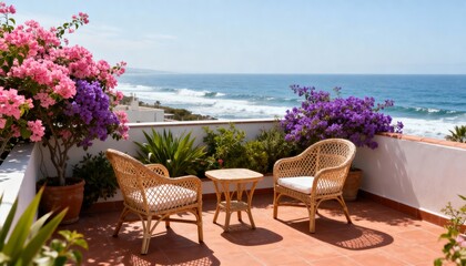 Outdoor seating area with wicker chairs and table on a terrace overlooking the ocean, framed by vibrant pink and purple bougainvillea.