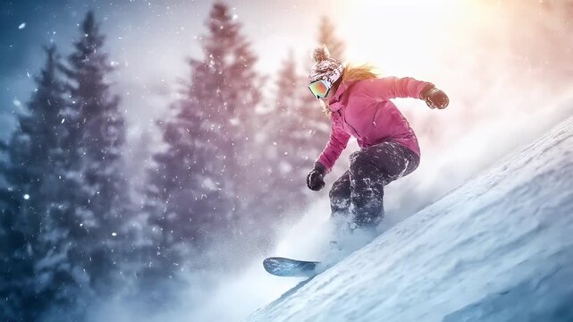 A dynamic snowboarder in action on a snowy slope, captured in a vivid, actionpacked scene. The style is cinematic, with a focus on capturing the essence of the moment rather than intricate details.