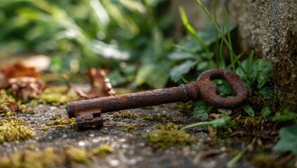 Rusty key on mossy stone, surrounded by foliage