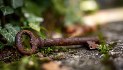 A weathered, rusty key rests amidst moss-covered stones and greenery