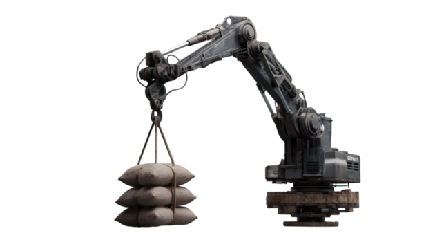 Heavy Machinery Lifting Sandbags for Construction or Industrial Projects