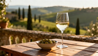 Tuscan vineyard sunset: A glass of white wine and olives rest on a wooden table overlooking rolling hills.