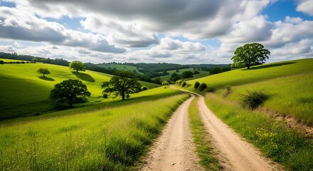 Obraz premium A sun-drenched country lane winds through rolling hills of vibrant green grass, dotted with ancient trees under a cloudy sky.