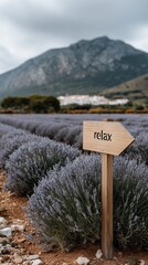 Wooden arrow sign with "relax" text in a lavender field, directing towards a tranquil environment. Summer travel and stress relief concept.